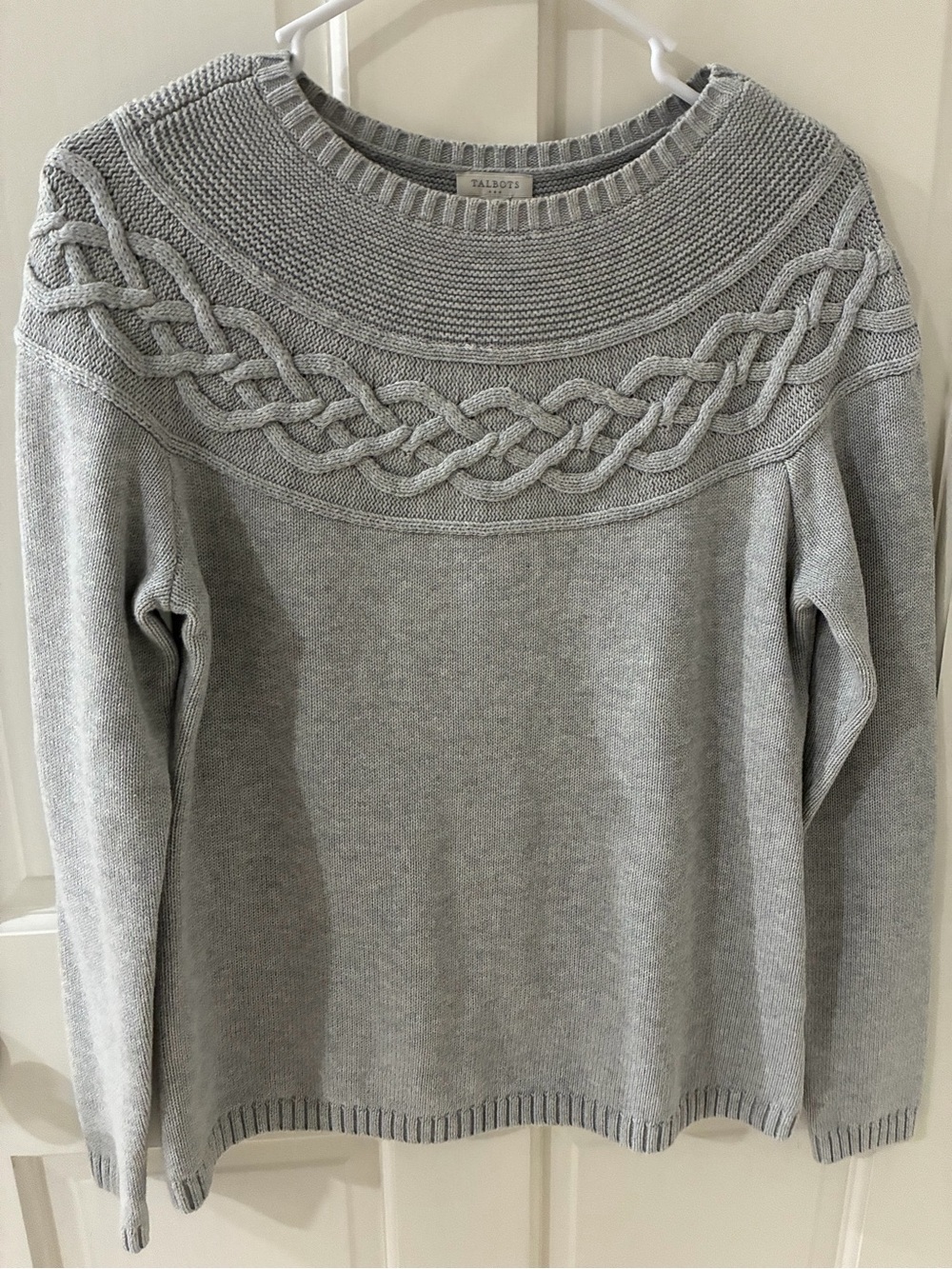 Talbots Light Gray Cable Yoke Crewneck Sweater